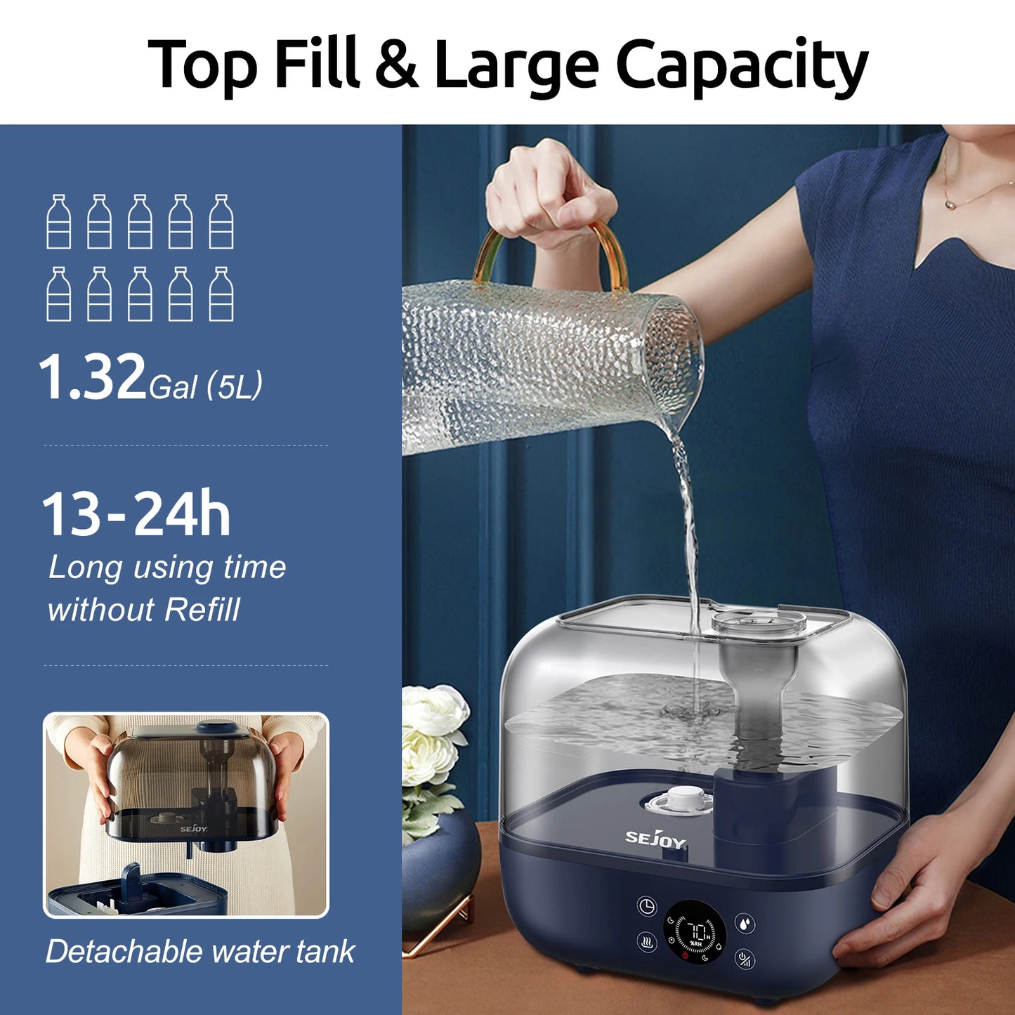Sejoy 5L Humidifier for Bedroom Large Room Home Diffuser Aromatherapy Upper Water Household Spray Humidification Machine
