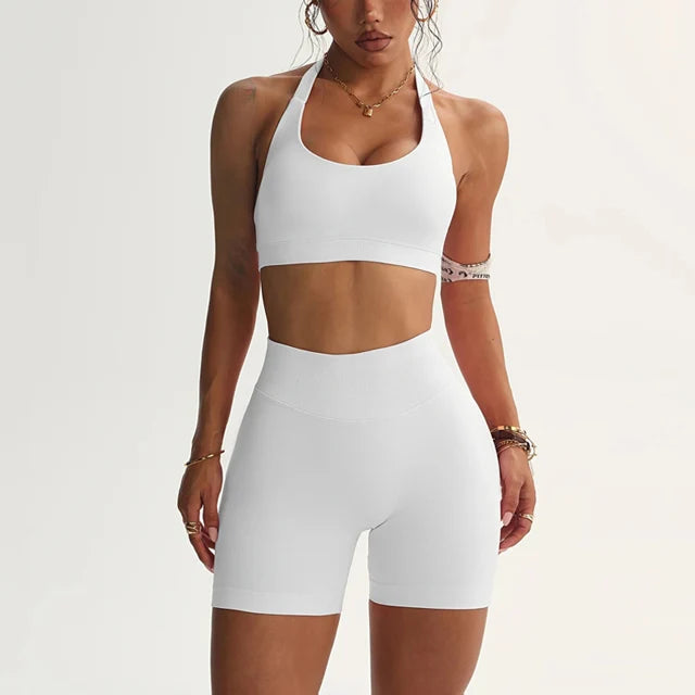 Shorts Set Seamless Yoga Set Women Halter Sports Bra Low Waist Scrunch Bum Gym Shorts 2 PCS Sports Suits Workout Clothes