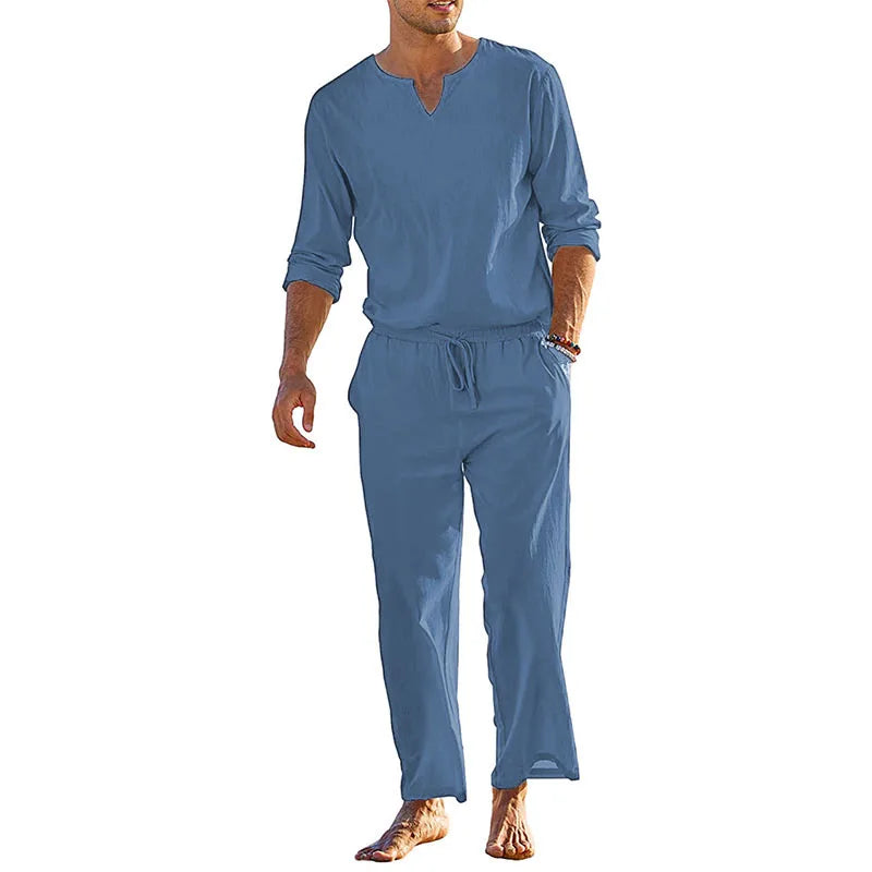 Men's Summer Cotton Linen Clothes Solid Color Long Sleeve Henley Shirt and Elastic Waist Drawstring Pants 2 Pieces Loungewear Set