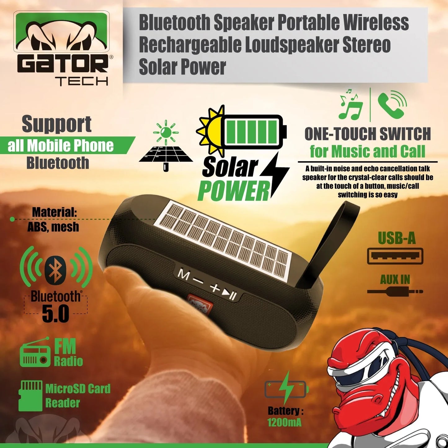 Solar Bluetooth Speaker Wireless Portable Power Stereo Bass USB SD FM Radio LOUD