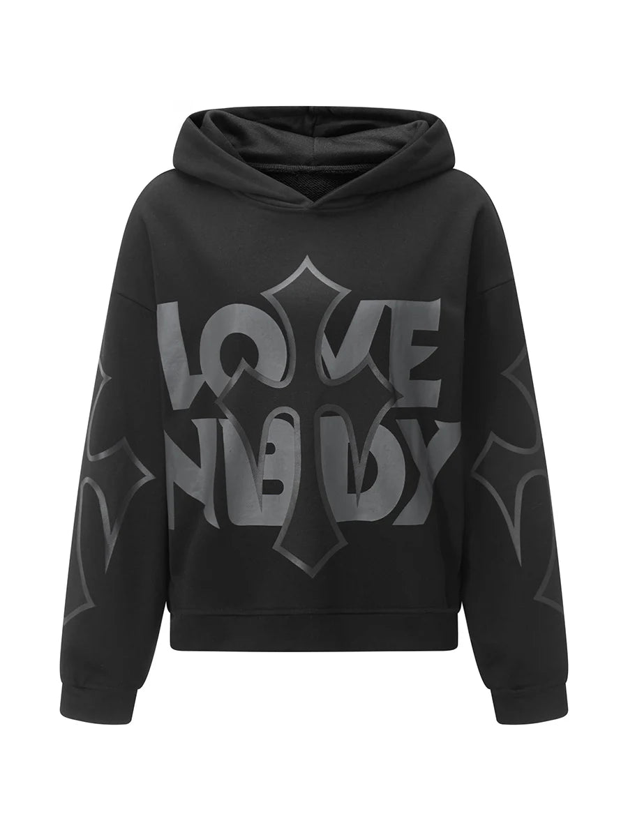 Women s Casual Fall Hood Sweatshirt Cross Letter Print Long Sleeve Loose Hoodies Streetwear