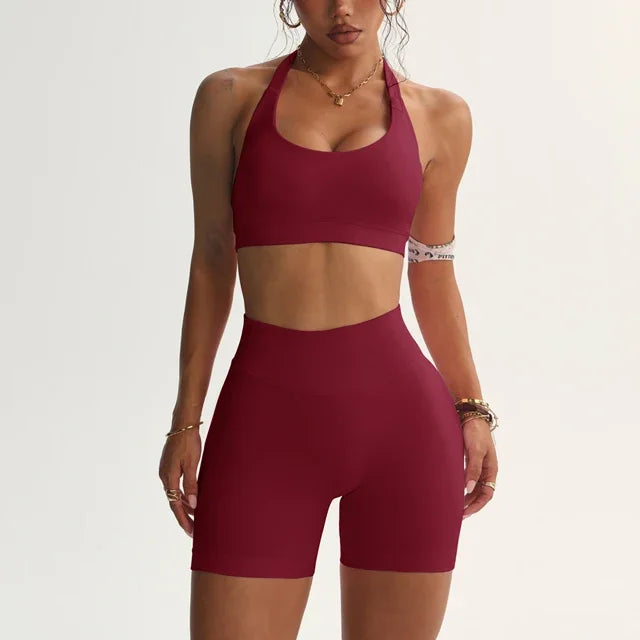 Shorts Set Seamless Yoga Set Women Halter Sports Bra Low Waist Scrunch Bum Gym Shorts 2 PCS Sports Suits Workout Clothes