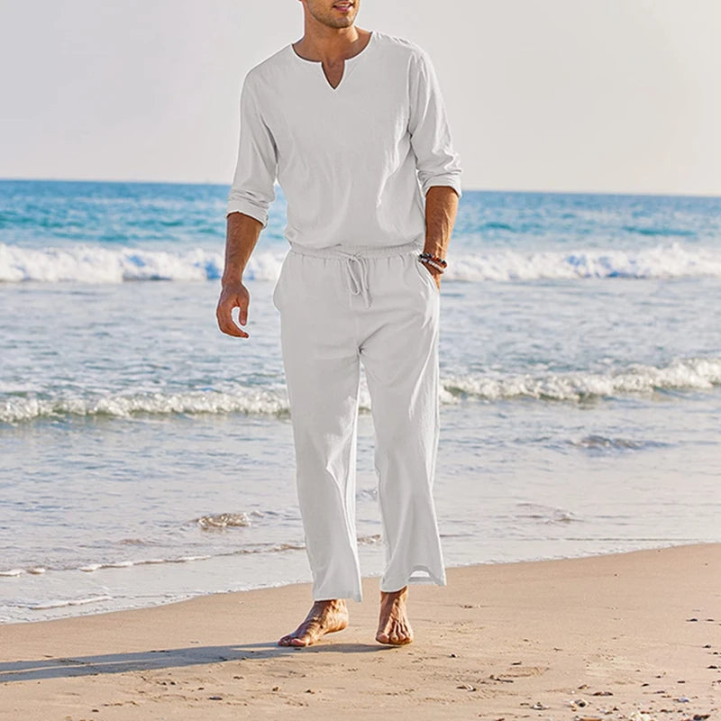 Men's Summer Cotton Linen Clothes Solid Color Long Sleeve Henley Shirt and Elastic Waist Drawstring Pants 2 Pieces Loungewear Set
