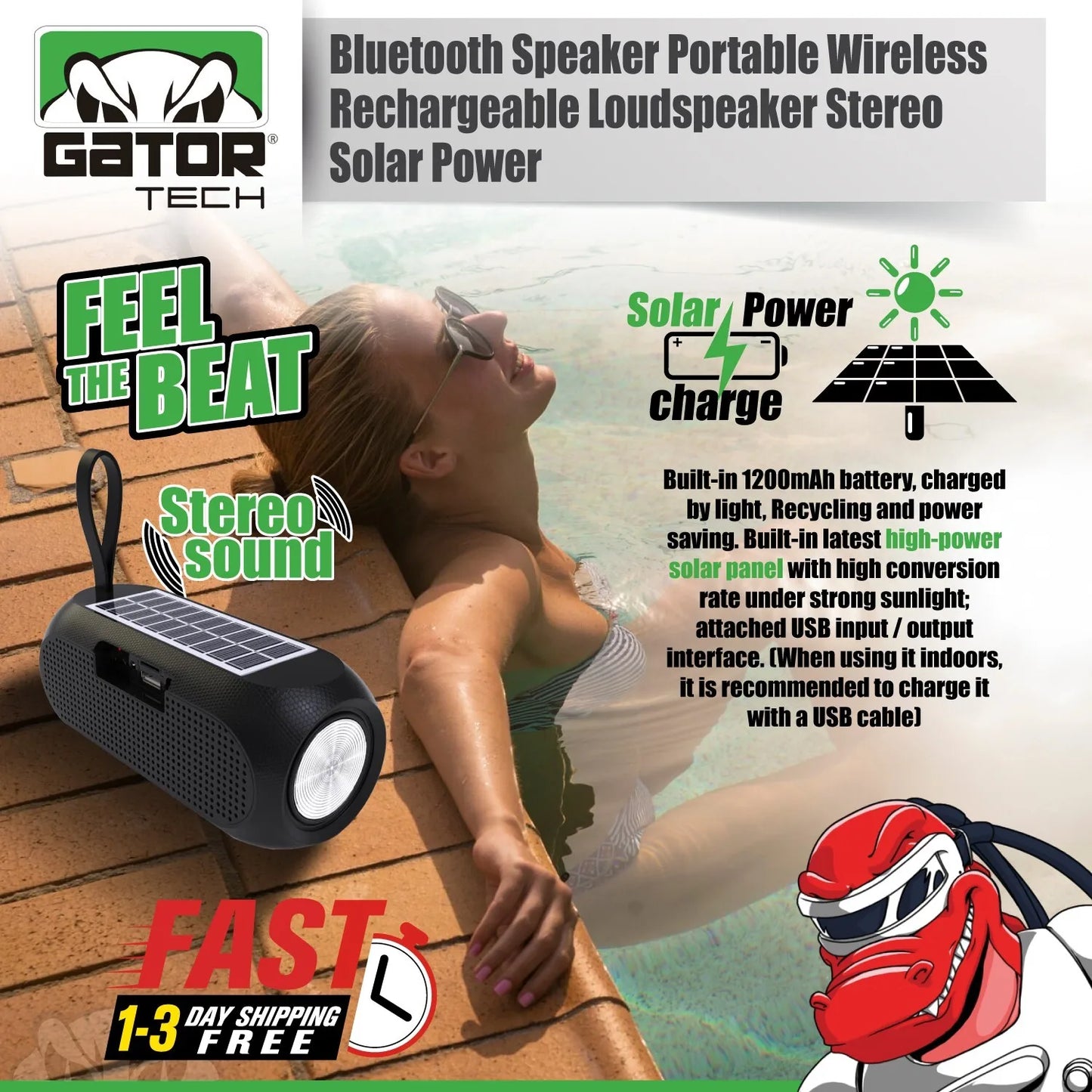 Solar Bluetooth Speaker Wireless Portable Power Stereo Bass USB SD FM Radio LOUD