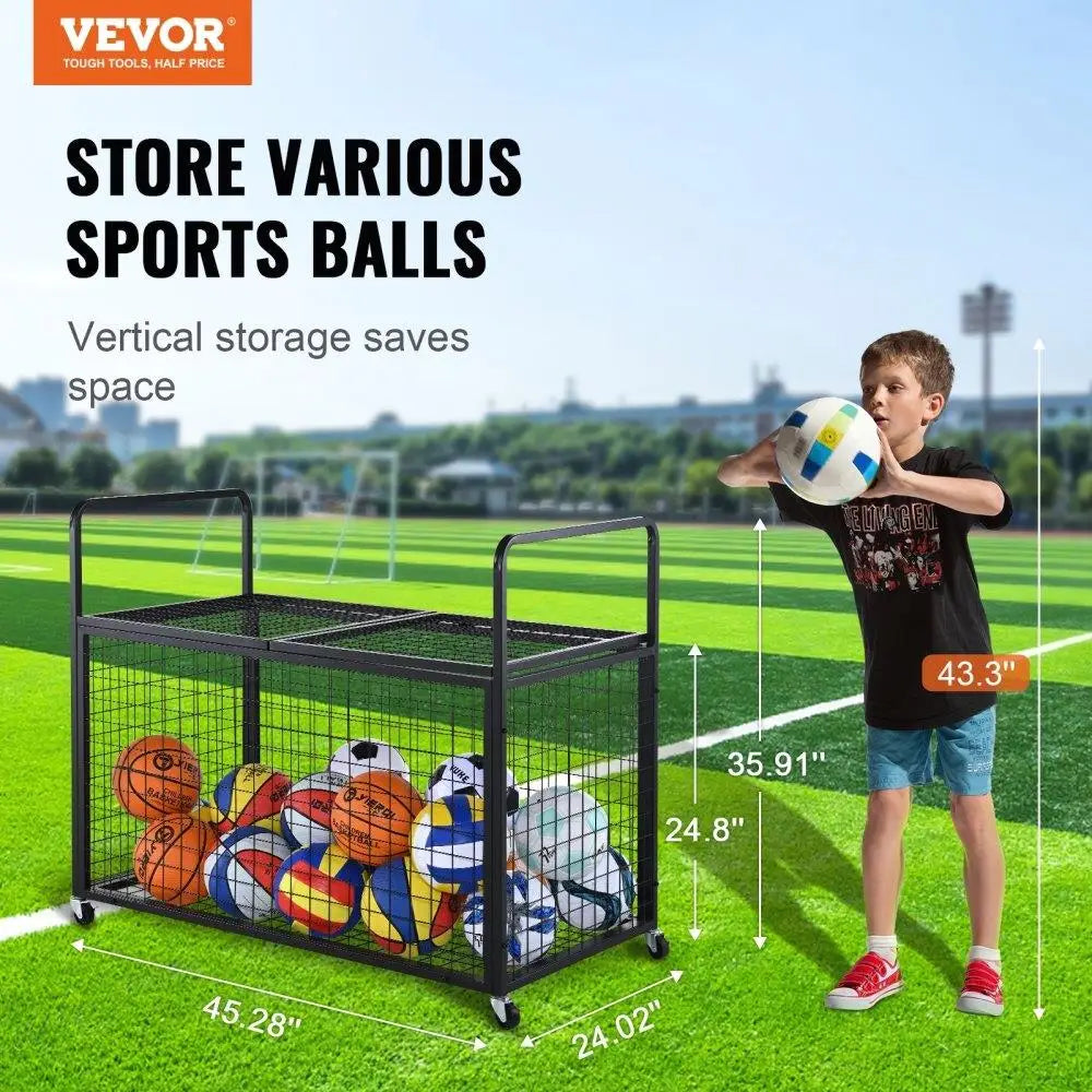Lockable Rolling Sports Ball Storage Cart Double Lid Steel Organizer for Gym Garage Outdoor Use