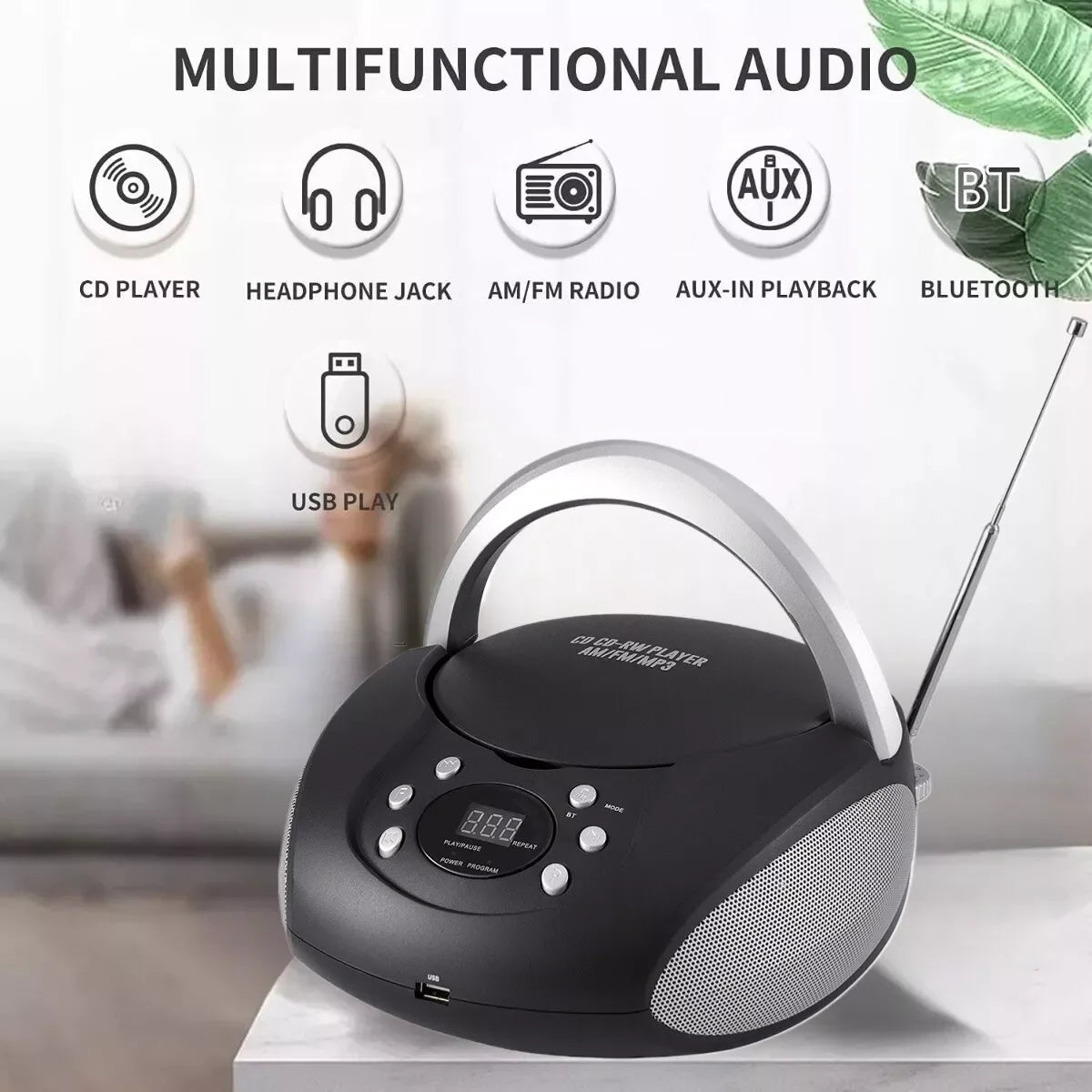 Portable CD Player Boombox with AM/FM Stereo Radio Bluetooth Speaker CD/USB/AUX