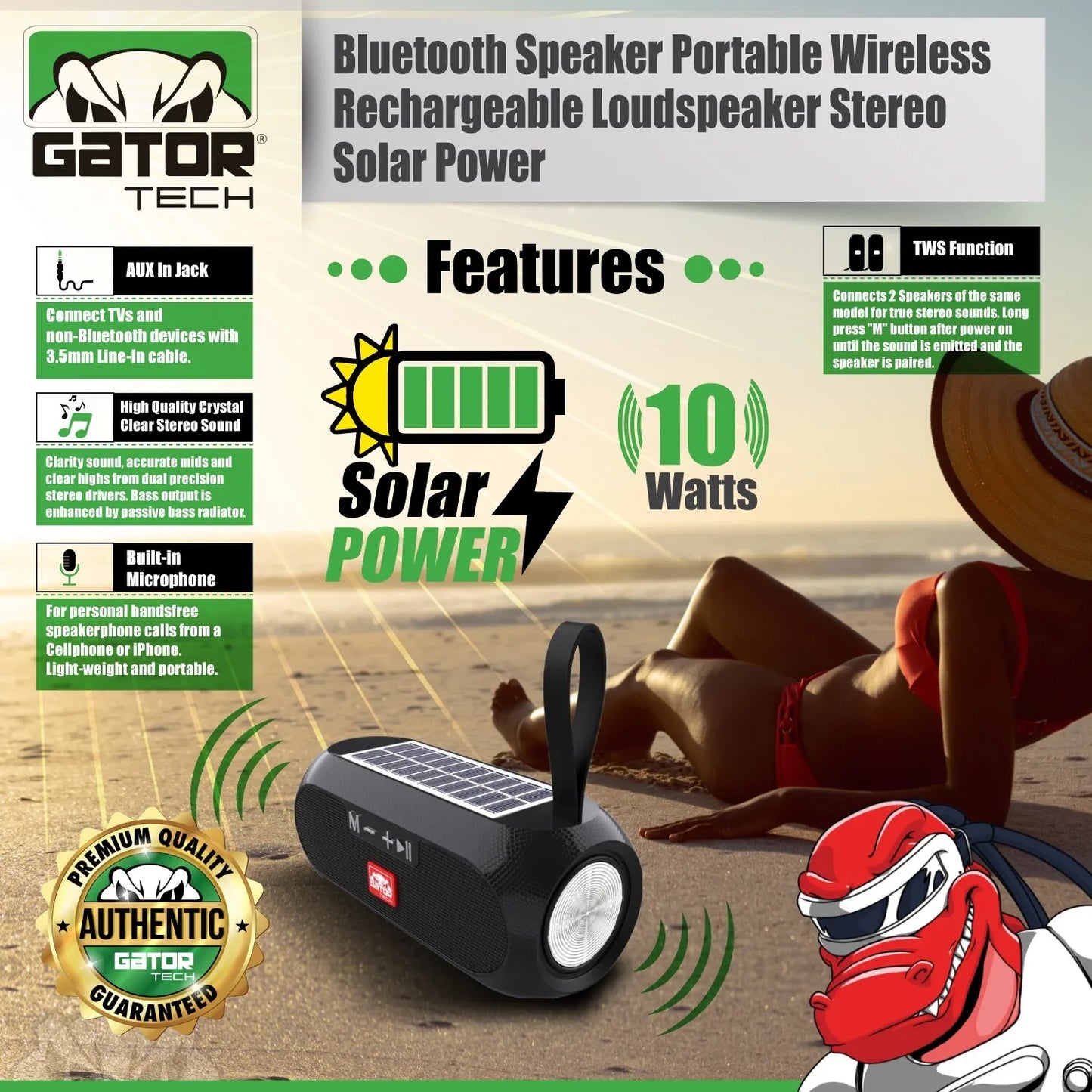 Solar Bluetooth Speaker Wireless Portable Power Stereo Bass USB SD FM Radio LOUD