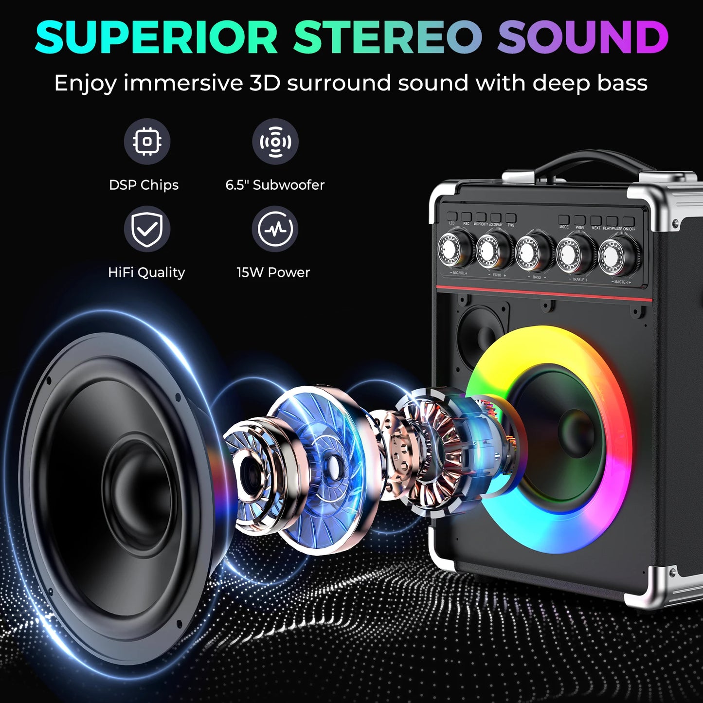 FanFun Karaoke Speaker, Bluetooth Speaker with 2 Microphones and LED Light, Portable Wireless Speaker, Outdoor Party Speaker
