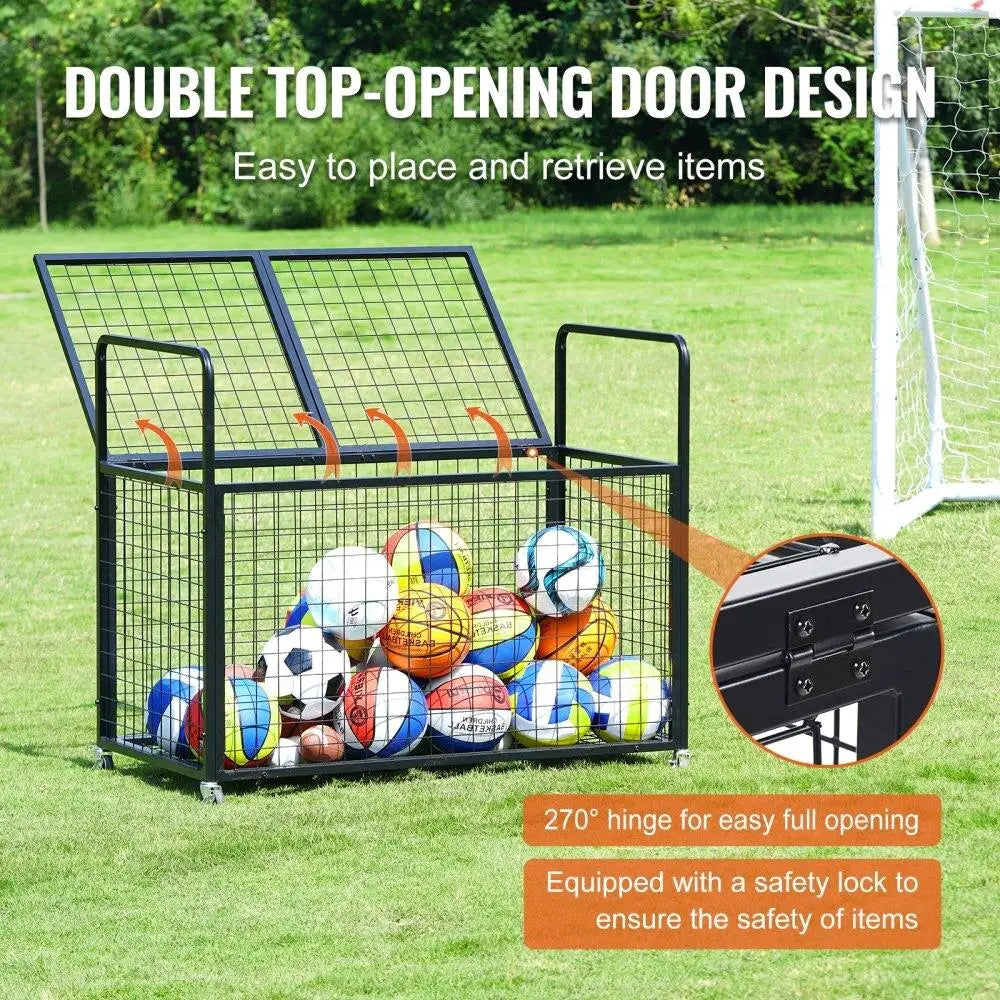 Lockable Rolling Sports Ball Storage Cart Double Lid Steel Organizer for Gym Garage Outdoor Use