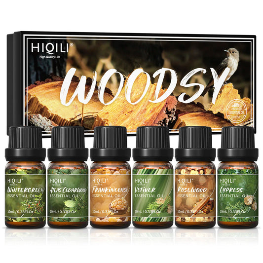 HIQILI Woody Fragrance Oils Set Top 6 Pieces 10mL Gift Set for Aromatherapy Diffuser Humidifier DIY Candles and Homemade Soaps