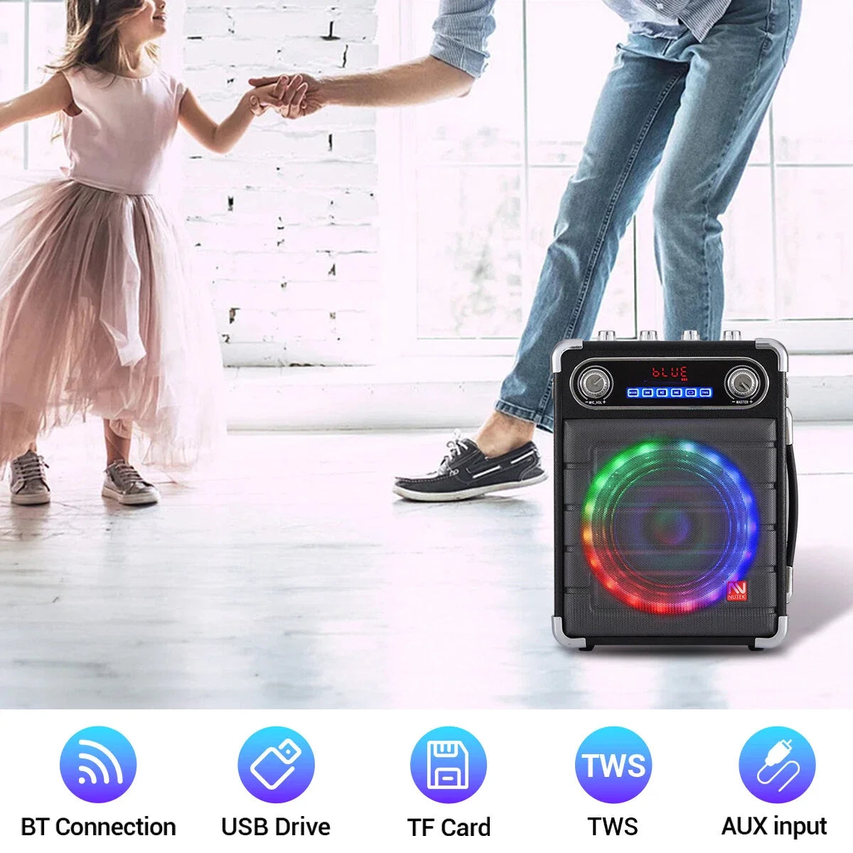 Karaoke Machine with 2 Wireless Microphones Portable Bluetooth Speaker Party LED