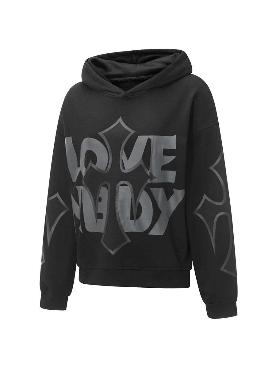 Women s Casual Fall Hood Sweatshirt Cross Letter Print Long Sleeve Loose Hoodies Streetwear
