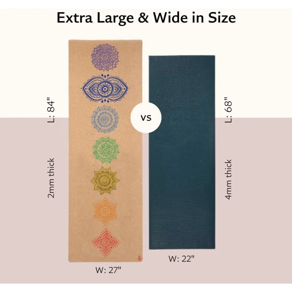 Chakra Cork Yoga Mat - Extra Long & Wide, Non Slip, Non Toxic, Great for Yoga, Pilates & Workout (84 x 27 x 2mm Thick)