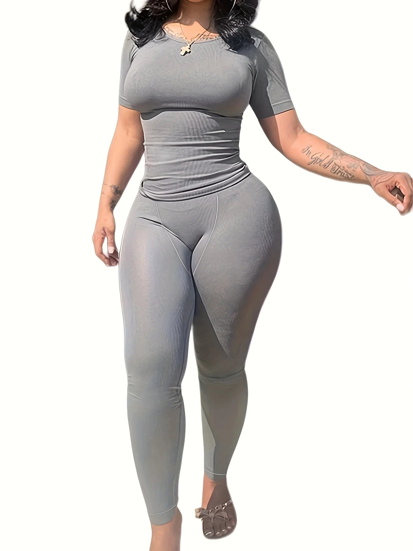 US STOCK | Casual Workout Sets Short Sleeve Two Piece Outfits For Women Ribbed Fitted Crew Neck T-shirt Matching Sets Streetwear